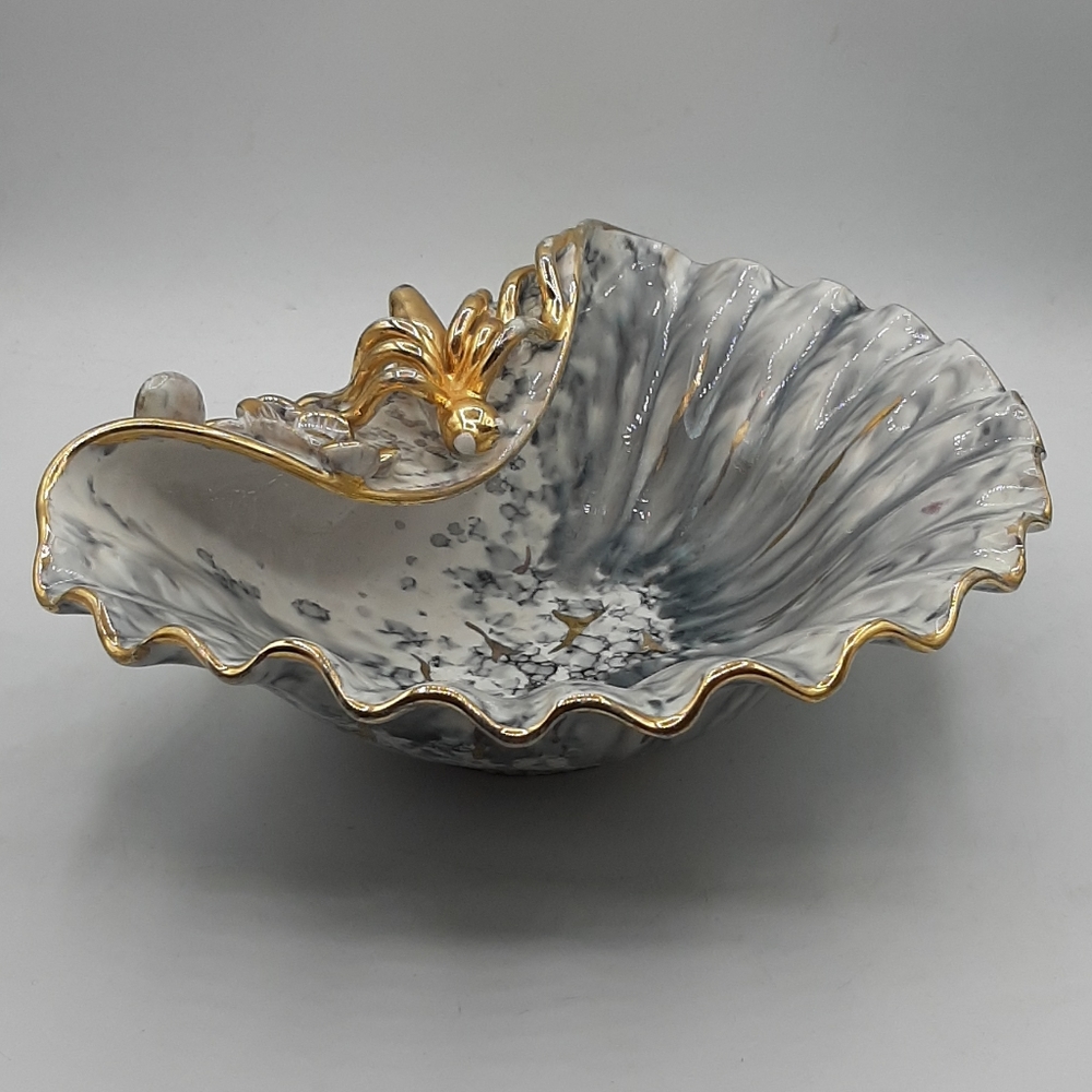 Vintage Ceramic Italian Handmade Ruffled Bowl With a Flower and Bug on Top